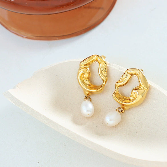 Women's 316L Stainless Steel French Retro Light Luxury Electroplated Hollow Lava Irregular Freshwater Pearl Pendant Exaggerated Earrings With Geometric Pattern