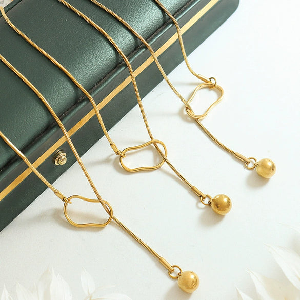 Women's 316L Stainless Steel Geometric Ball Tassel Plated Gold Personality Jewelry Winter Sweater Chain