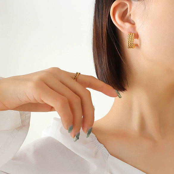 Women's 316L Stainless Steel Geometric Cshaped Twist Earrings 18K Gold Plated