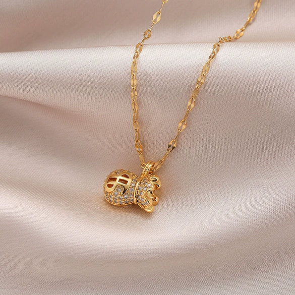 Women's Titanium Steel Geometric Diamond Plated Money Bag Pendant Water Wave Chain Necklace