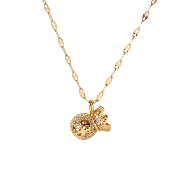 Women's Titanium Steel Geometric Diamond Plated Money Bag Pendant Water Wave Chain Necklace