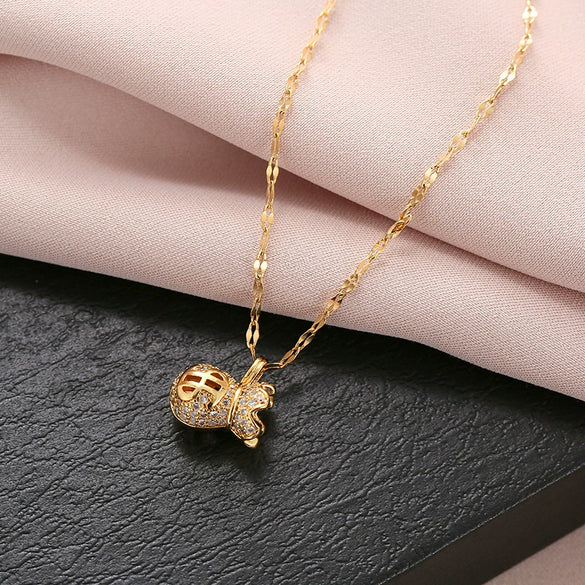 Women's Titanium Steel Geometric Diamond Plated Money Bag Pendant Water Wave Chain Necklace