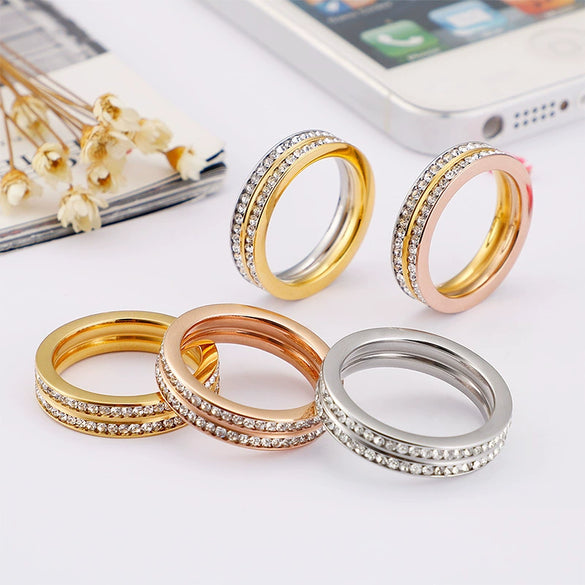 Women's Titanium Steel Geometric Double Row Circle Ring With Full Rhinestone Inlay Electroplated Stainless Steel Fashion Jewelry