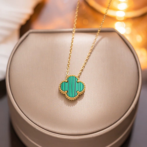 Women's Titanium Steel Geometric Doublesided Fourleaf Clover Necklace With O Word Chain Electroplated