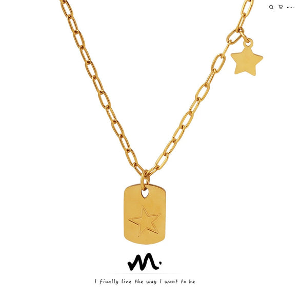 Women's Titanium Steel Geometric Five Pointed Star And Square Pendant Necklace With Electroplated Finish