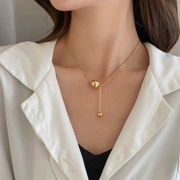 Women's Titanium Steel Geometric Gold Ball Necklace Minimalist Snake Chain Electroplated Non Tarnish Clavicle Chain