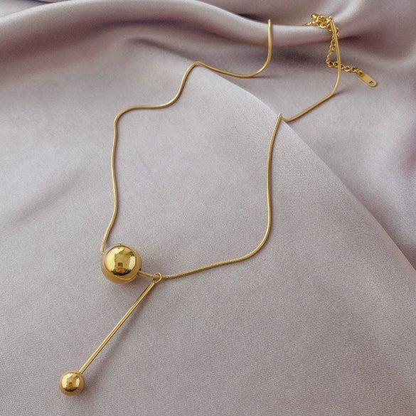 Women's Titanium Steel Geometric Gold Ball Necklace Minimalist Snake Chain Electroplated Non Tarnish Clavicle Chain