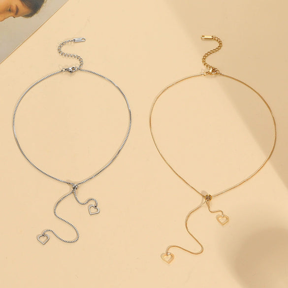 Women's Titanium Steel Geometric Heart Shape Pullout Clavicle Chain Necklace With Electroplating And Snake Bone Chain Style