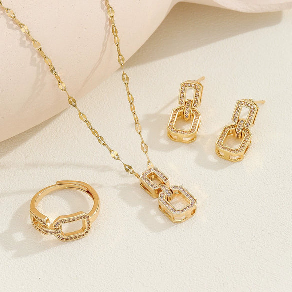 Women's Titanium Steel Geometric Jewelry Electroplated With Mixed Gemstone Setting Including Earrings Ring Necklace