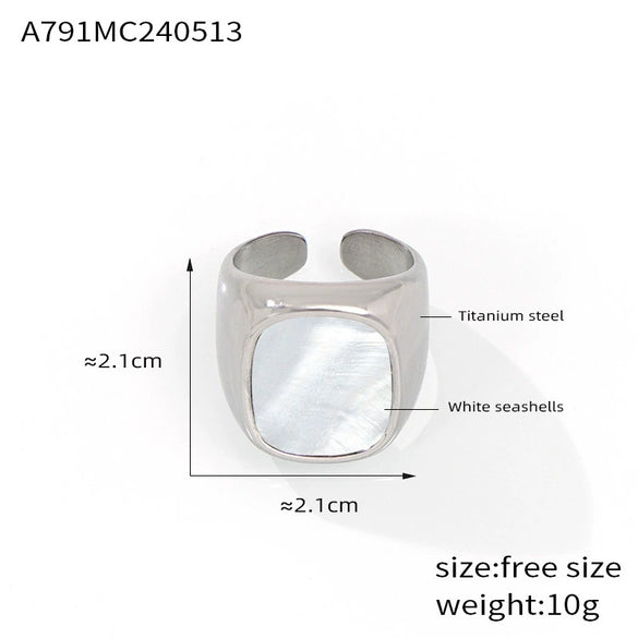Women's 316L Stainless Steel Geometric Light Luxury Wide Pasta Finger Ring Inlaid With White Fritillary Design Goldplated Open Ring With Diamond Treatment