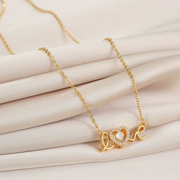 Women's Titanium Steel Geometric Pattern Light Luxury Love Pendant Necklace With Diamond Design And Cross Chain