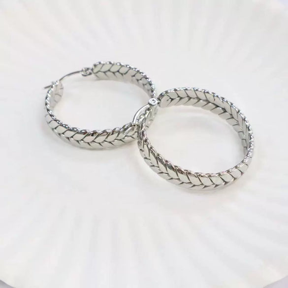 Women's Titanium Steel Geometric Pattern Polished Wheat Ear Woven Elegant Earrings