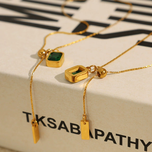 Women's 316L Stainless Steel Geometric Square Emerald Zircon Adjustable Pullout Clavicle Chain Vintage Style Electroplated Necklace