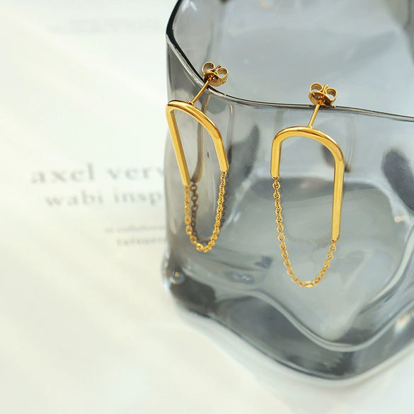 Women's 316L Stainless Steel Geometric Ushaped Chain Earrings 18K Gold Plated