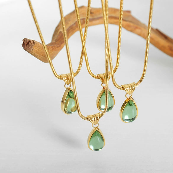 Women's 316L Stainless Steel Glass Stone Water Drop Pendant Necklace With Geometric Pattern And Electroplating Design