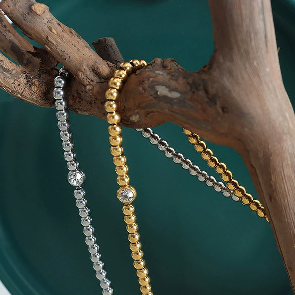Women's 316L Stainless Steel Gold Plated Beaded Chain Jewelry Set With Zircon Pendant
