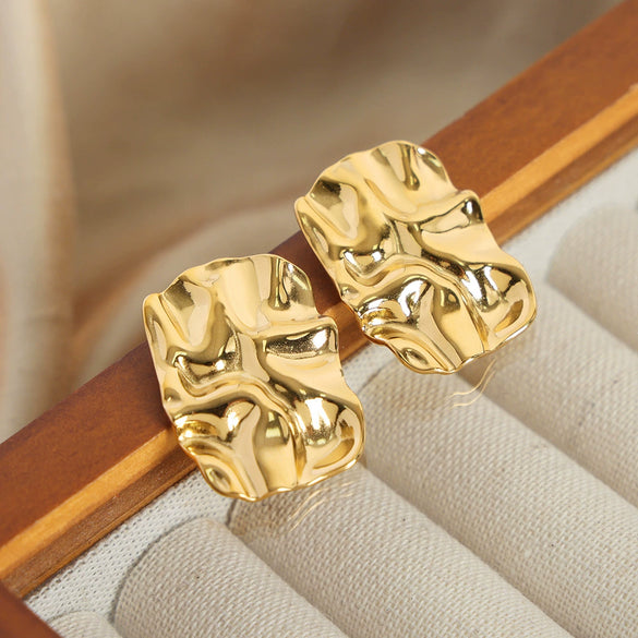 Women's 316L Stainless Steel Gold Plated Geometric Irregular Square Pleated Earrings Jewelry