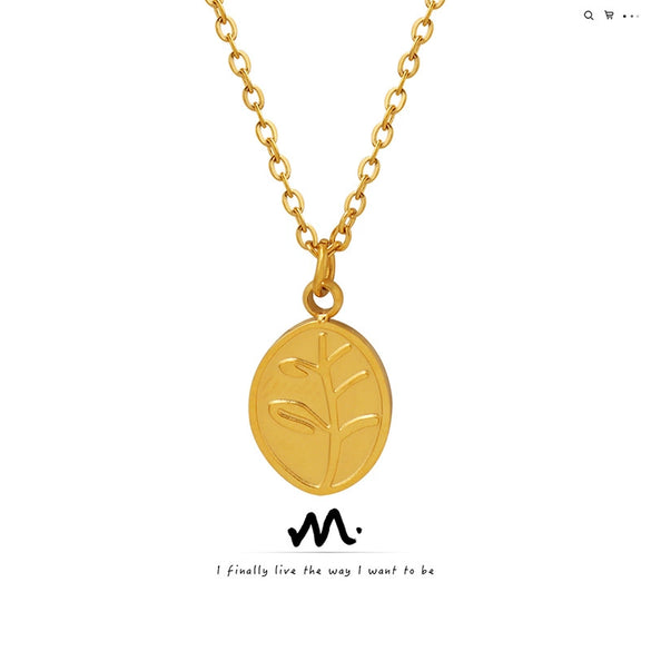 Women's Titanium Steel Gold Plated Leaf Oval Pendant Necklace Geometric Clavicle Chain With Electroplated Finish