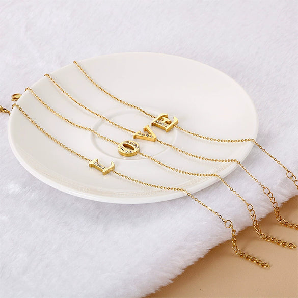 Women's Titanium Steel Gold Tone Electroplated Letter Bracelet With Rhinestone Accents Simple Text Style Jewelry