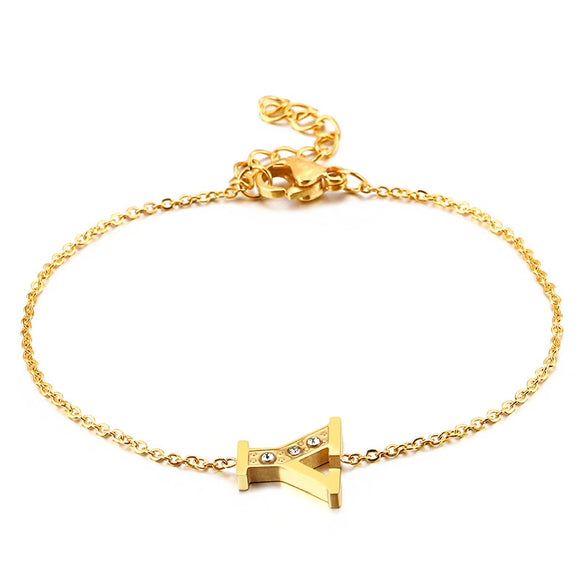 Women's Titanium Steel Gold Tone Electroplated Letter Bracelet With Rhinestone Accents Simple Text Style Jewelry