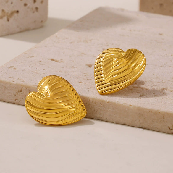 Women's 316L Stainless Steel Goldplated Geometric Vertical Stripes Love Shape Earrings