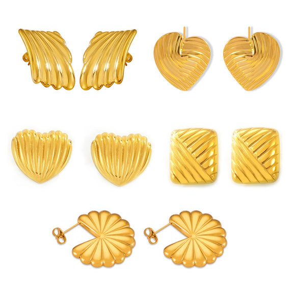 Women's 316L Stainless Steel Goldplated Geometric Vertical Stripes Love Shape Earrings