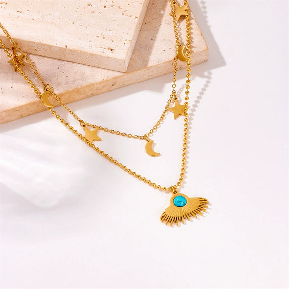 Women's Titanium Steel Goldplated Star And Moon Fanshaped Pendant Necklace