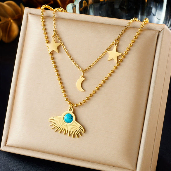 Women's Titanium Steel Goldplated Star And Moon Fanshaped Pendant Necklace