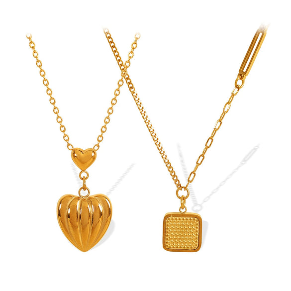 Women's 316L Stainless Steel Heart And Geometric Square Pendant Necklace Simple Texture Electroplated
