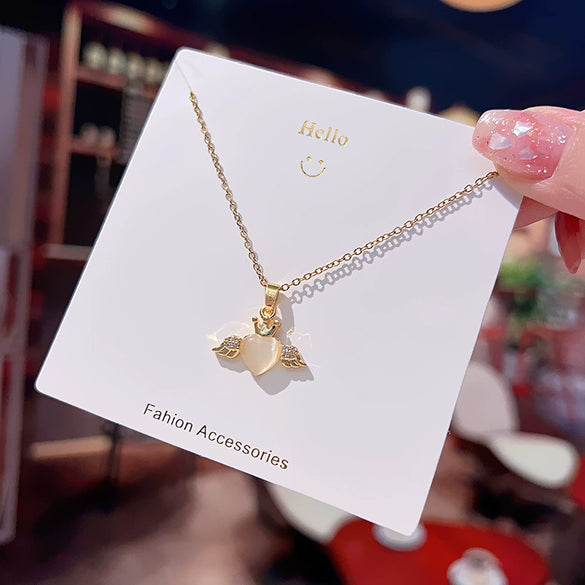 Women's Titanium Steel Heart Pattern Mixed Gem Inlay Necklace With Cross Chain