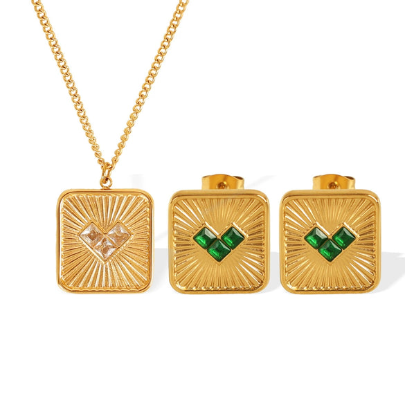 Women's 316L Stainless Steel Heart Shaped Inlaid Zircon Jewelry Set Earrings Necklace With Electroplating And Fashion Geometric Style