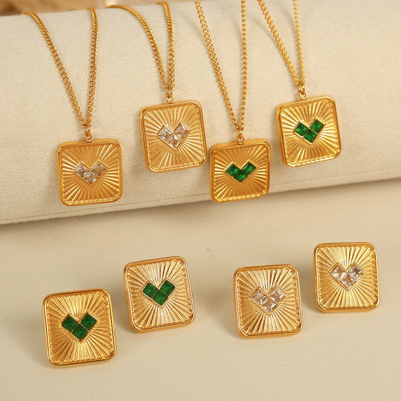 Women's 316L Stainless Steel Heart Shaped Inlaid Zircon Jewelry Set Earrings Necklace With Electroplating And Fashion Geometric Style