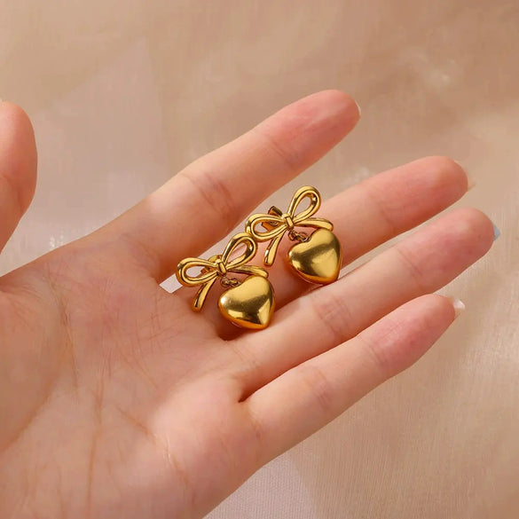 Women's Titanium Steel Heartshaped Bow Pendant Earrings Jewelry Electroplating Style