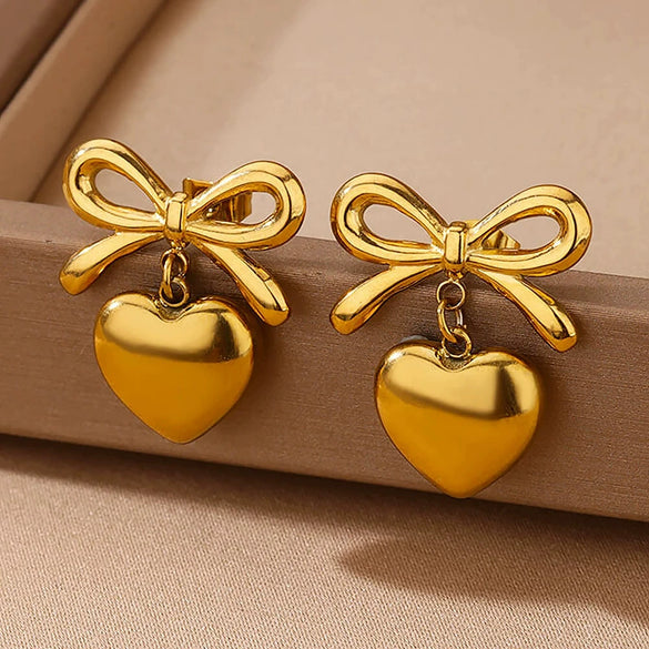 Women's Titanium Steel Heartshaped Bow Pendant Earrings Jewelry Electroplating Style
