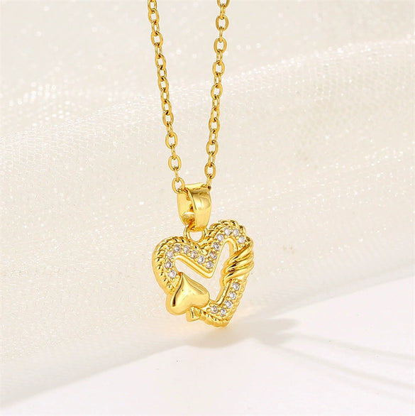 Women's Titanium Steel Heartshaped Geometric Mixed Gem Inlay Electroplated Necklace