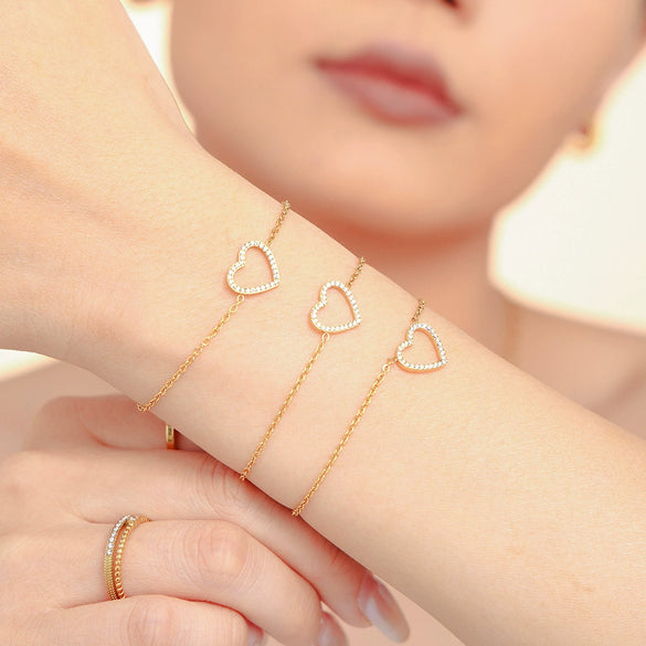 Women's Titanium Steel Heartshaped Handinlaid Zircon Doublelayer Clavicle Necklace Bracelet Set Pvd Electroplated Gold Color Preservation Light Luxury Style