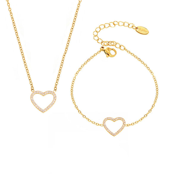 Women's 316L Stainless Steel Heartshaped Zircon Doublelayer Clavicle Necklace Bracelet Suit Pvd Electroplated True Gold Color Preservation Light Luxury Style