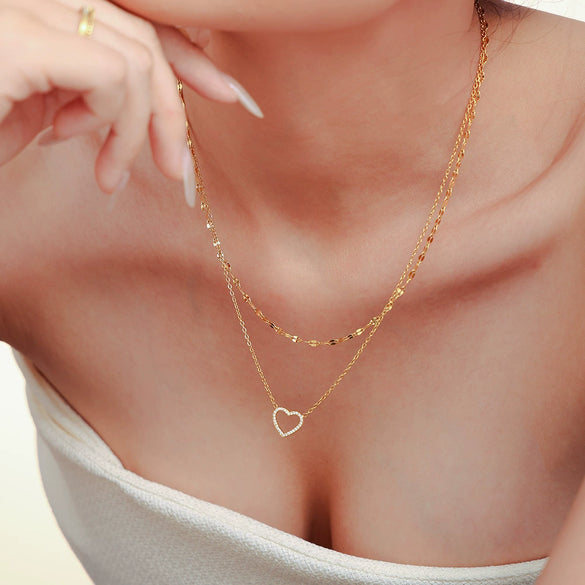Women's 316L Stainless Steel Heartshaped Zircon Doublelayer Clavicle Necklace Bracelet Suit Pvd Electroplated True Gold Color Preservation Light Luxury Style