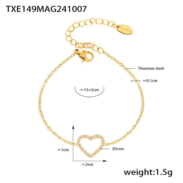 Women's 316L Stainless Steel Heartshaped Zircon Doublelayer Clavicle Necklace Bracelet Suit Pvd Electroplated True Gold Color Preservation Light Luxury Style