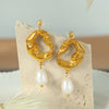 Women's 316L Stainless Steel Hollow Lava Irregular Freshwater Pearl Pendant Earrings French Retro Light Luxury Electroplated