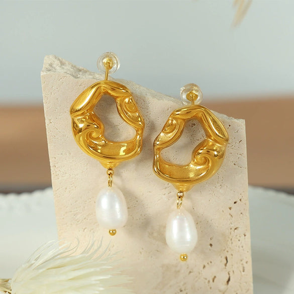 Women's 316L Stainless Steel Hollow Lava Irregular Freshwater Pearl Pendant Earrings French Retro Light Luxury Electroplated