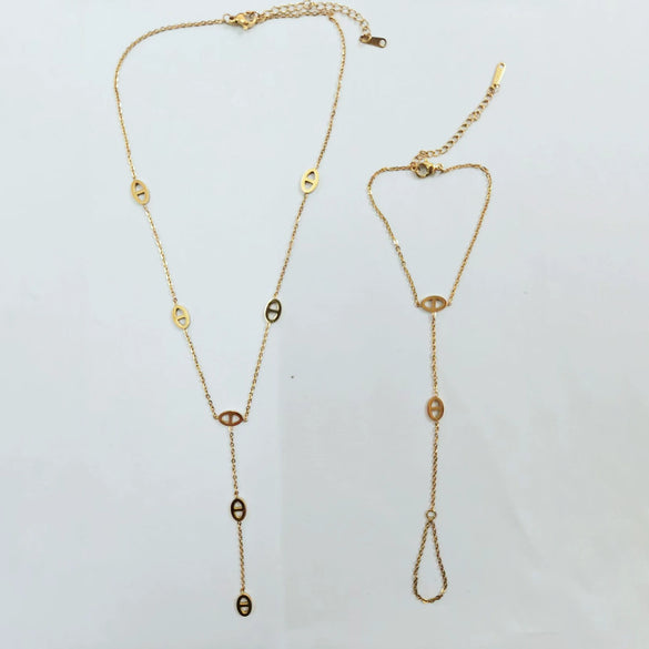 Women's Titanium Steel Hollow Oval Tassel Necklace And Bracelet Set Geometric O Chain Electroplated Simple Jewelry