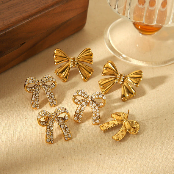Women's Titanium Steel Inlaid Rhinestone Bow Earrings