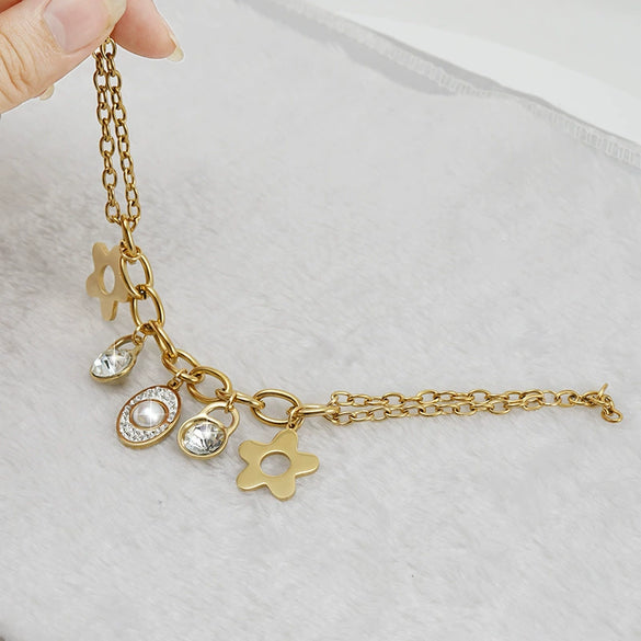 Women's 316L Stainless Steel Jewelry Fashion Allmatch Geometric Fourleaf Clover Electroplated Sticky Drill Bracelet With Pearl