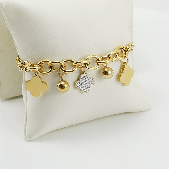 Women's 316L Stainless Steel Jewelry Fashion Allmatch Geometric Fourleaf Clover Electroplated Sticky Drill Bracelet With Pearl