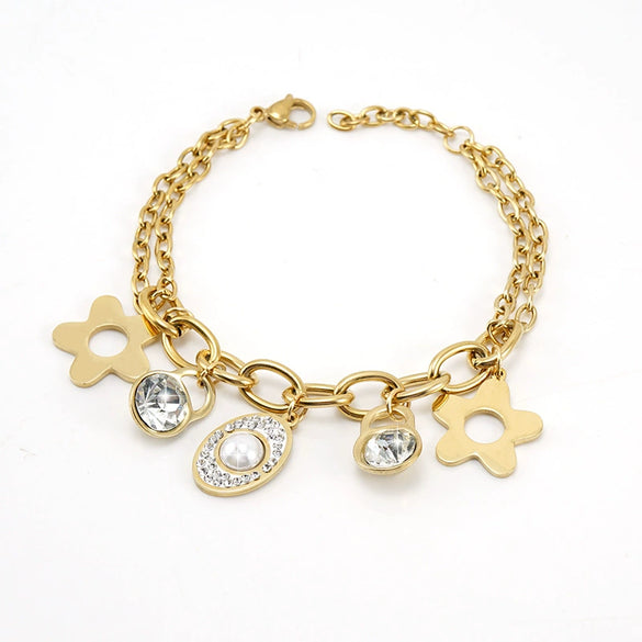 Women's 316L Stainless Steel Jewelry Fashion Allmatch Geometric Fourleaf Clover Electroplated Sticky Drill Bracelet With Pearl