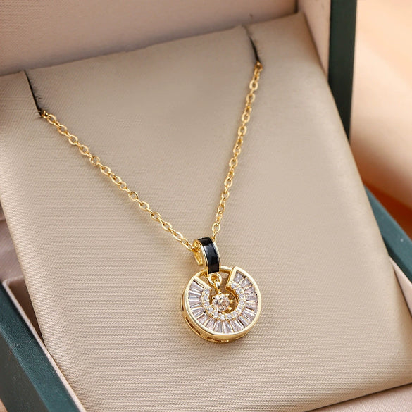 Women's Titanium Steel Jewelry Geometric Microinlaid Zirconium Ring Design Electroplated Clavicle Chain