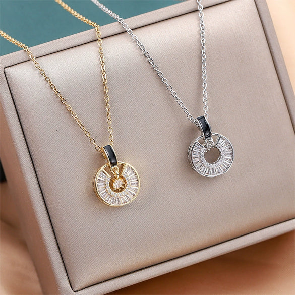 Women's Titanium Steel Jewelry Geometric Microinlaid Zirconium Ring Design Electroplated Clavicle Chain