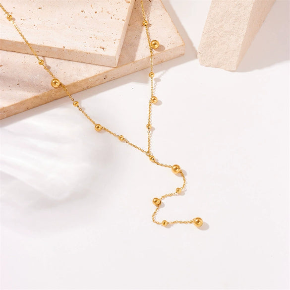 Women's Titanium Steel Jewelry Necklace With Long Tassel Ball Gold Bead Pendant Electroplated In Fashionable And Simple Style