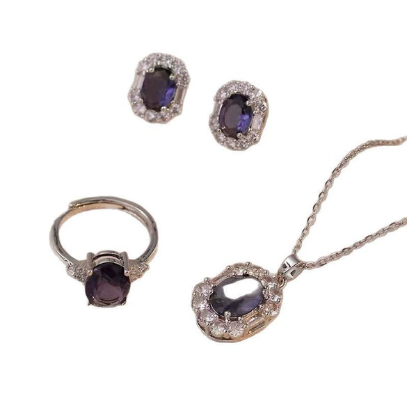 Women's Titanium Steel Jewelry Set With Electroplated Geometric Mixed Gemstone Inlaid Necklace Earrings And Ring